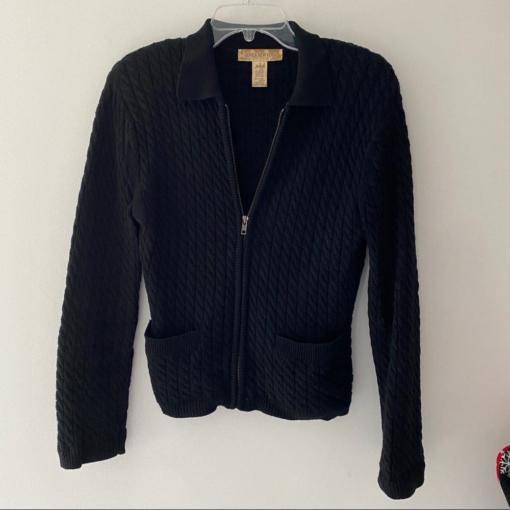 Jones New York Womens Knit Full Zip Sweater Small Black Merino Wool Long Sleeve